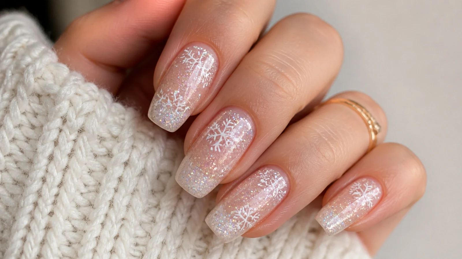 White snowflakes over a clear base packed with fine iridescent glitter