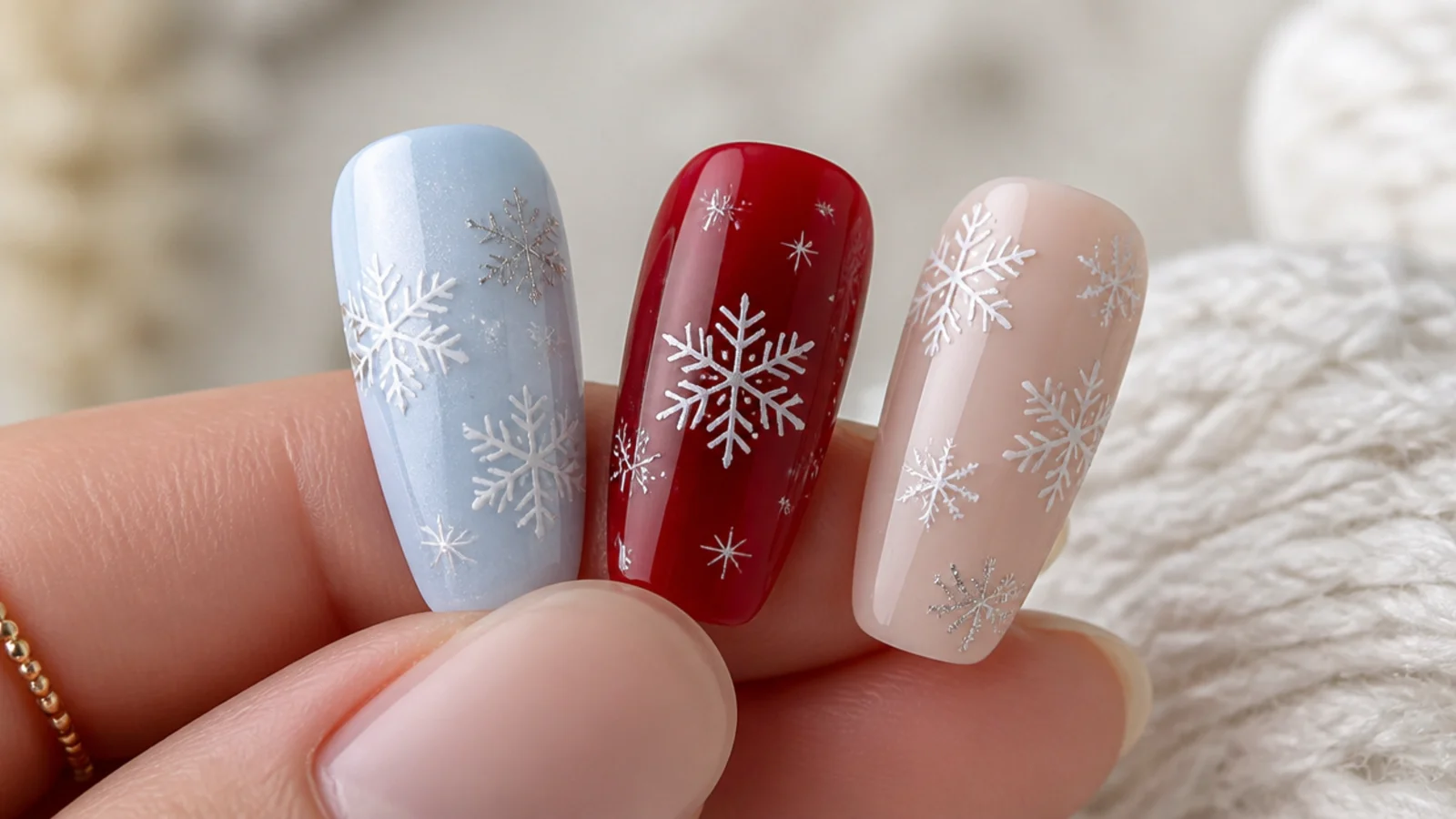 Icy blue, red and nude snowflake nail swatches side by side