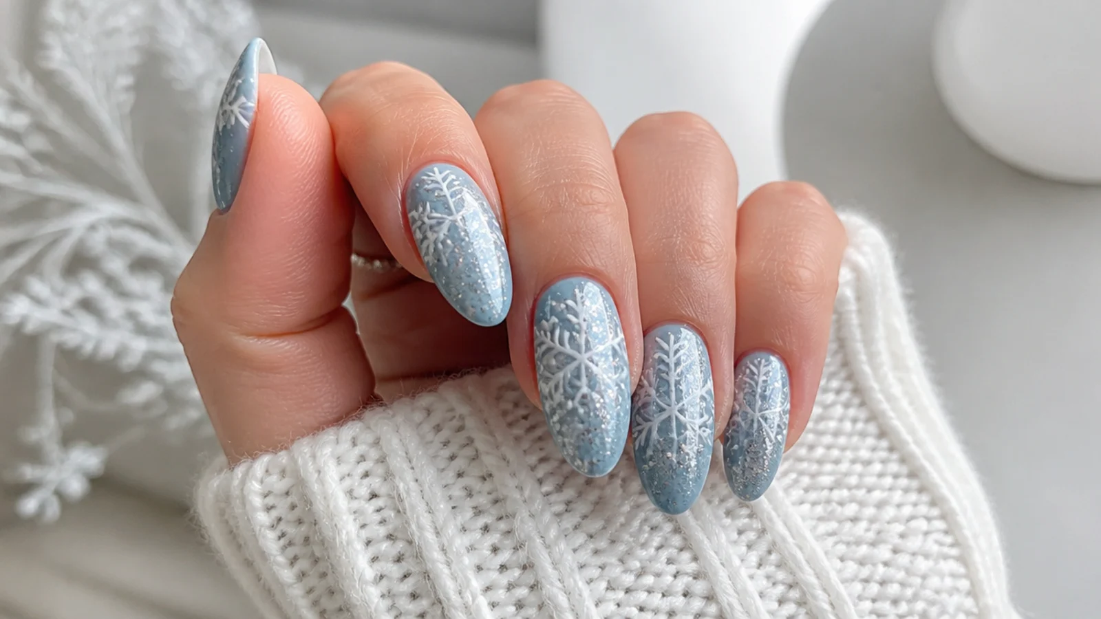 White and silver snowflake nails over an icy blue base on almond shapes