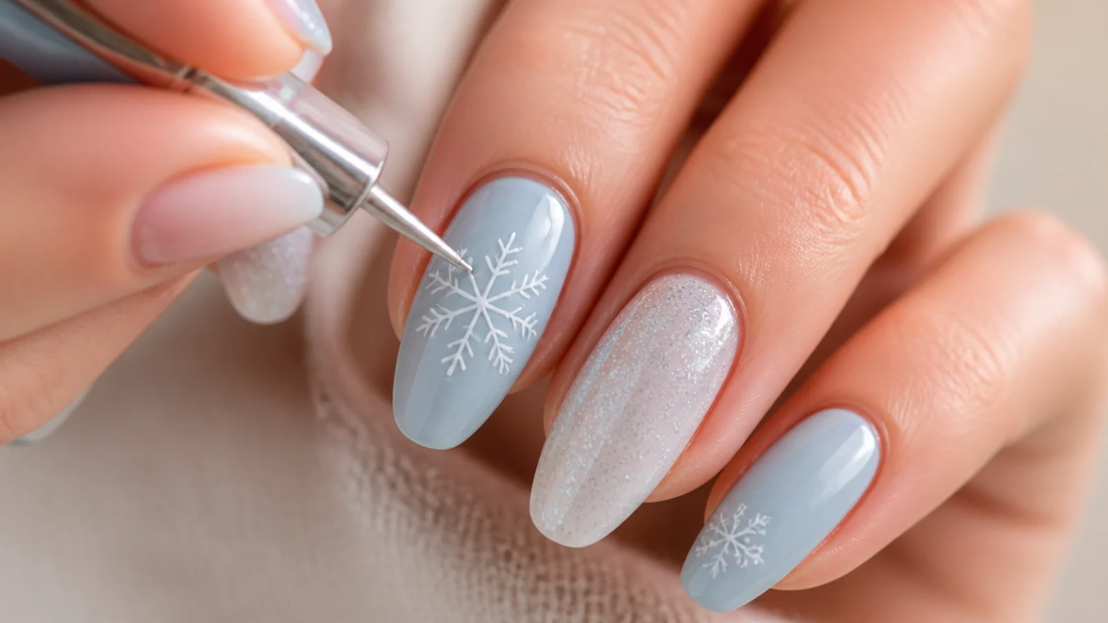 A dotting tool drawing a six-arm white snowflake on an icy blue nail
