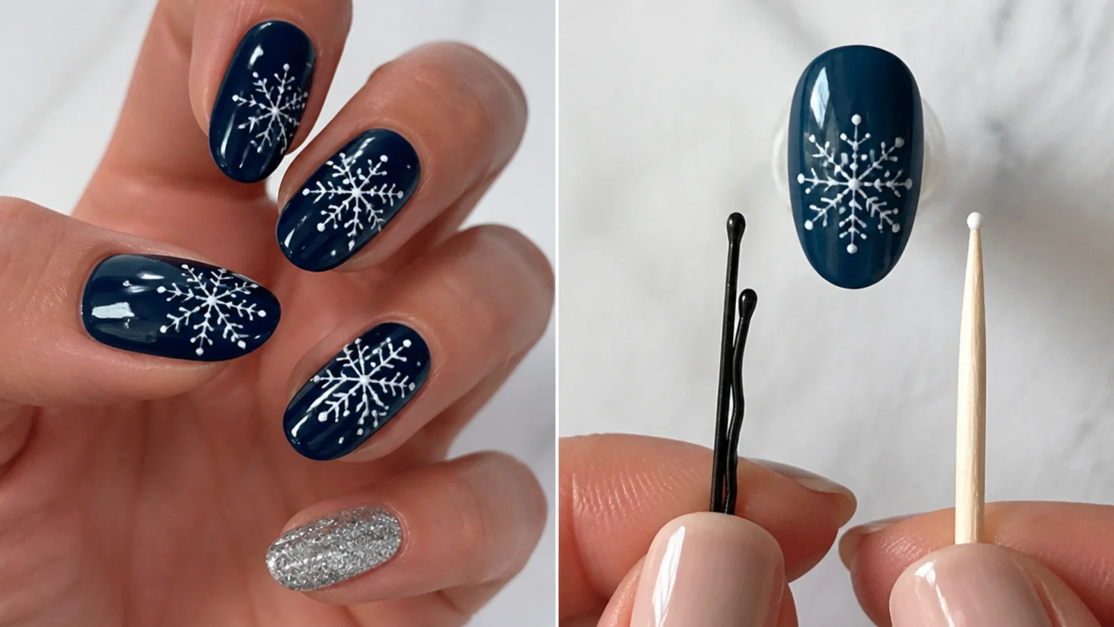 A bobby pin and toothpick used to dot a snowflake on a nail