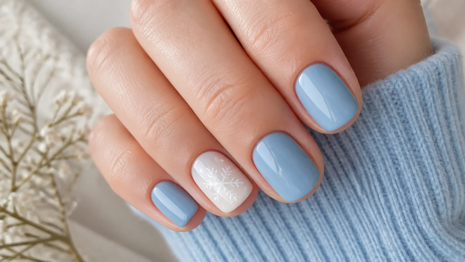 One white snowflake accent nail on short icy blue nails