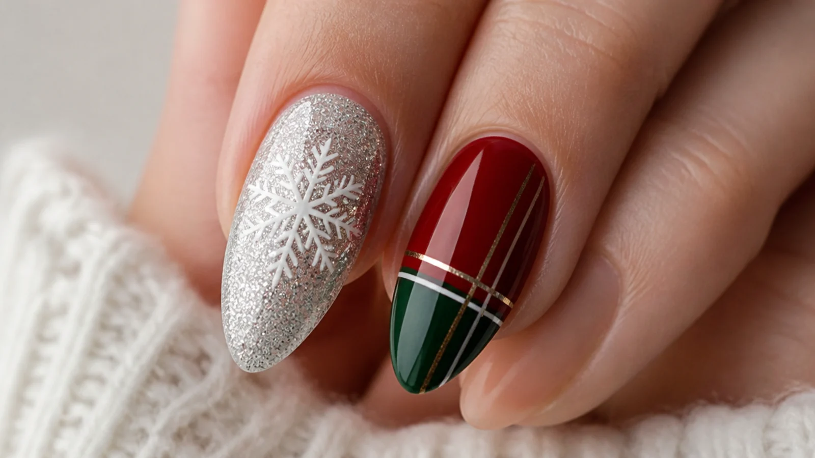 A silver snowflake nail beside a red and green Christmas nail