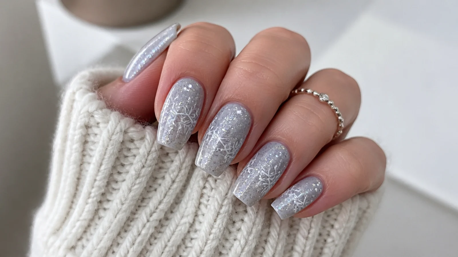 Silver chrome glitter snowflake nails on a soft gray base