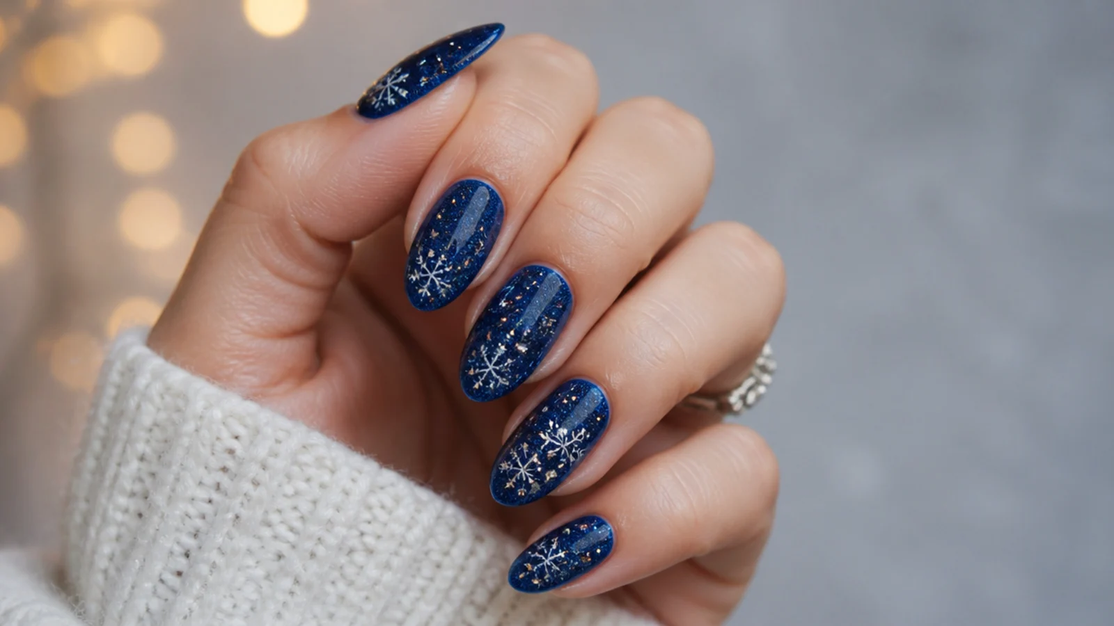 Navy blue glitter snowflake nails with silver flakes and sparkle