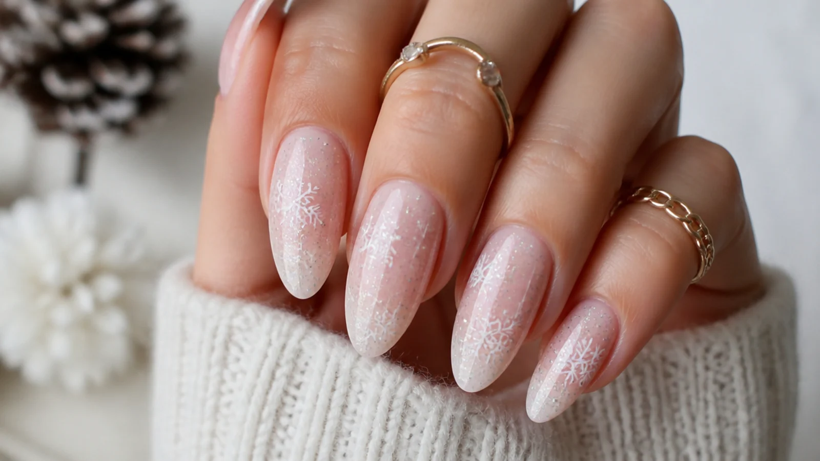 White glitter snowflake nails on a sheer milky base