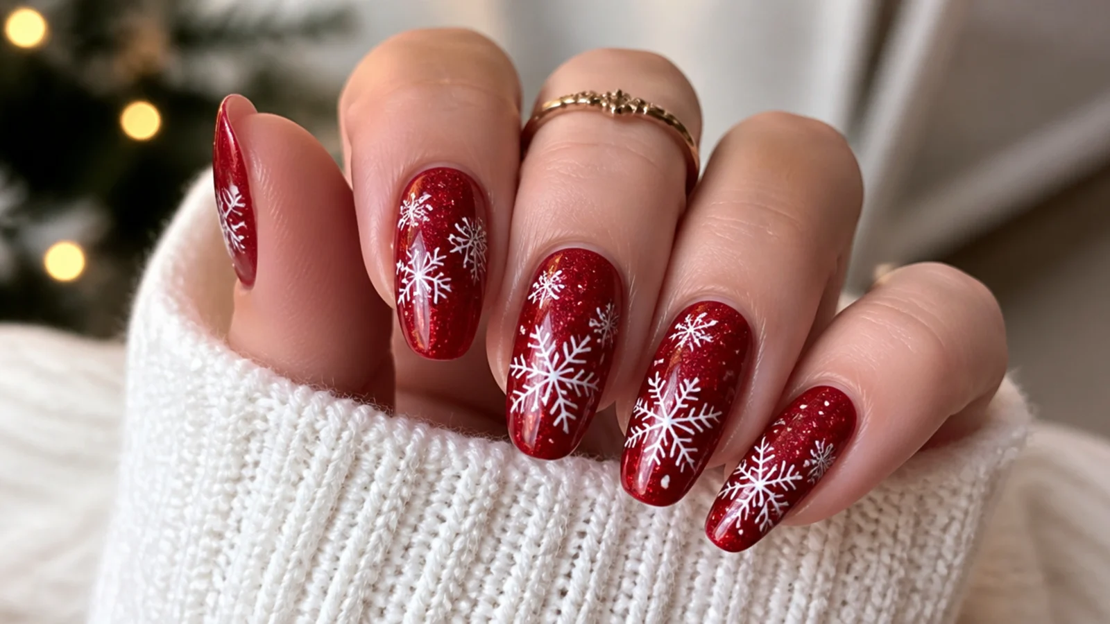 Red glitter snowflake nails with white flakes for the holidays