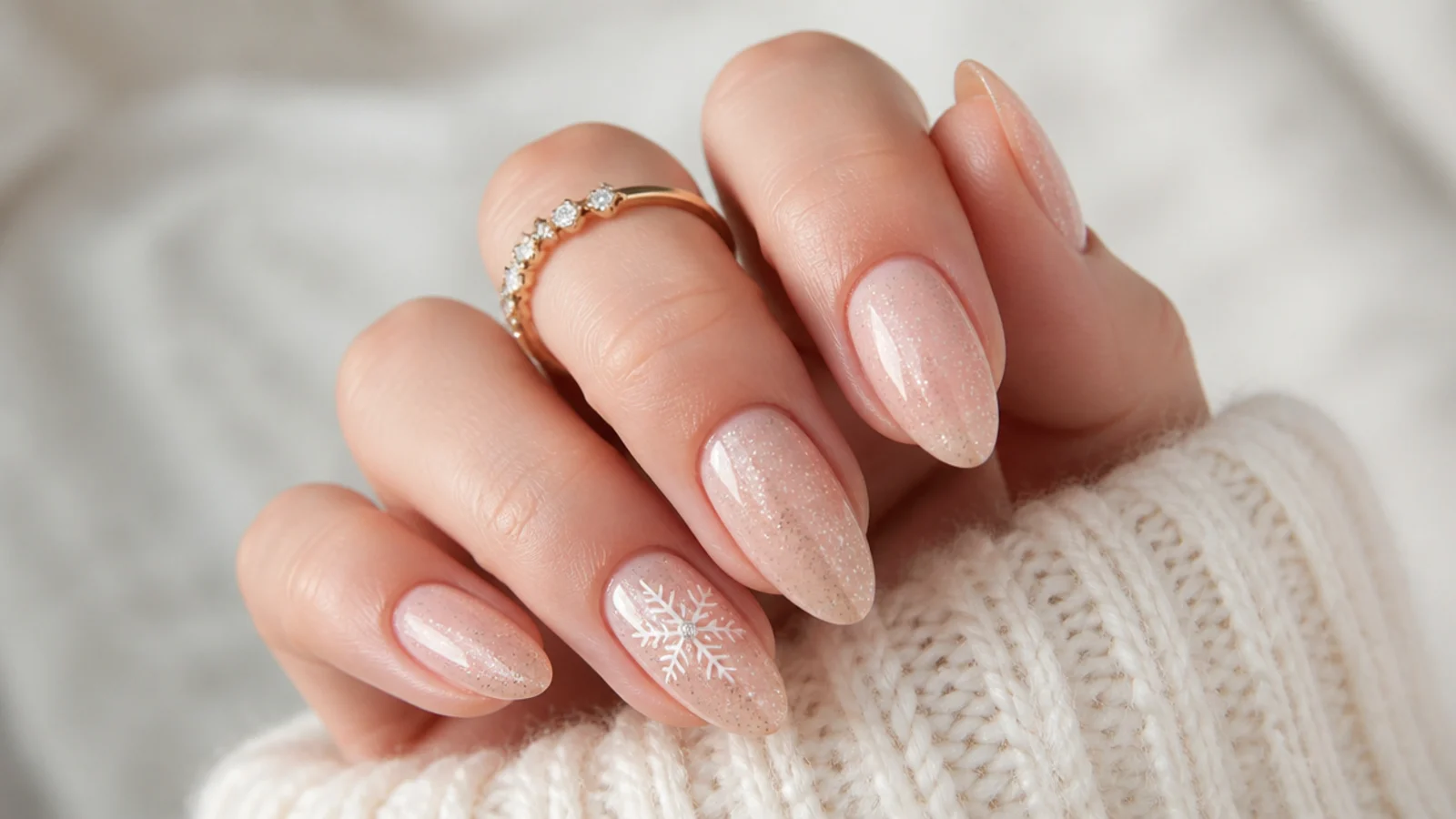 Nude glitter snowflake nails with a single white flake accent