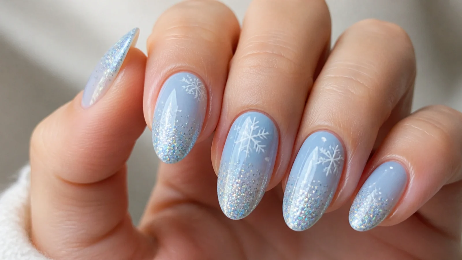 Baby blue glitter snowflake nails with sparkly glitter tips