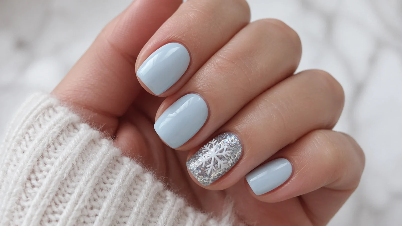 Short nails in icy blue with one glitter snowflake accent nail