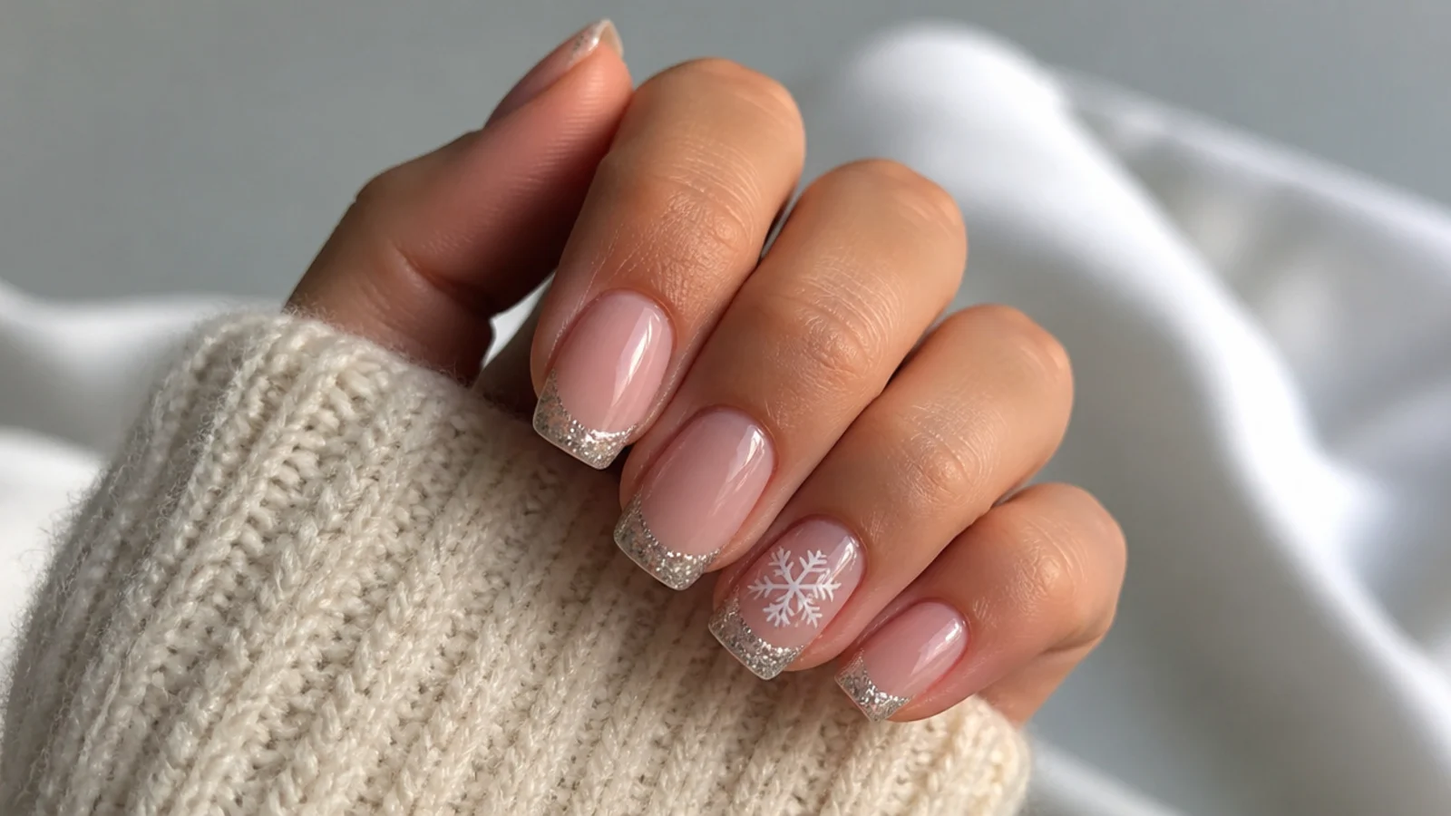 Glitter French tip nails with a white snowflake on the accent nail