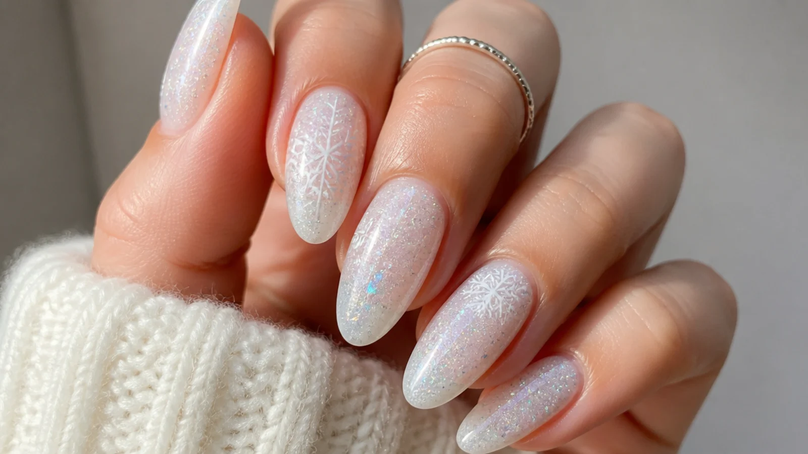 Milky white glitter snowflake nails with iridescent holographic sparkle