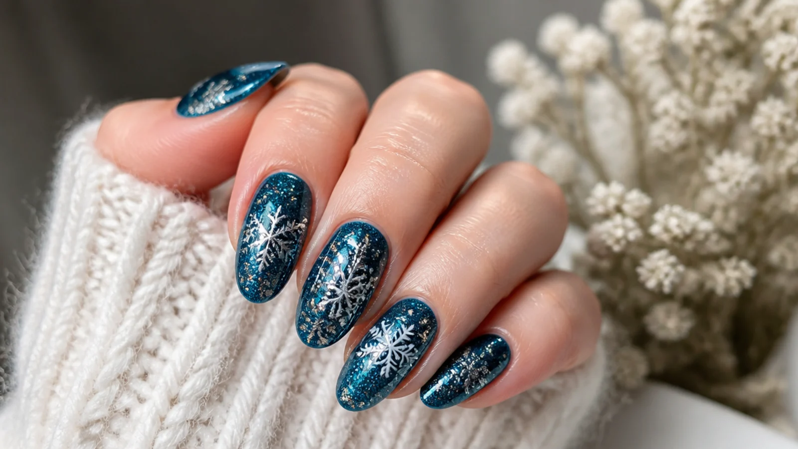 Dark teal glitter snowflake nails with silver flakes and sparkle