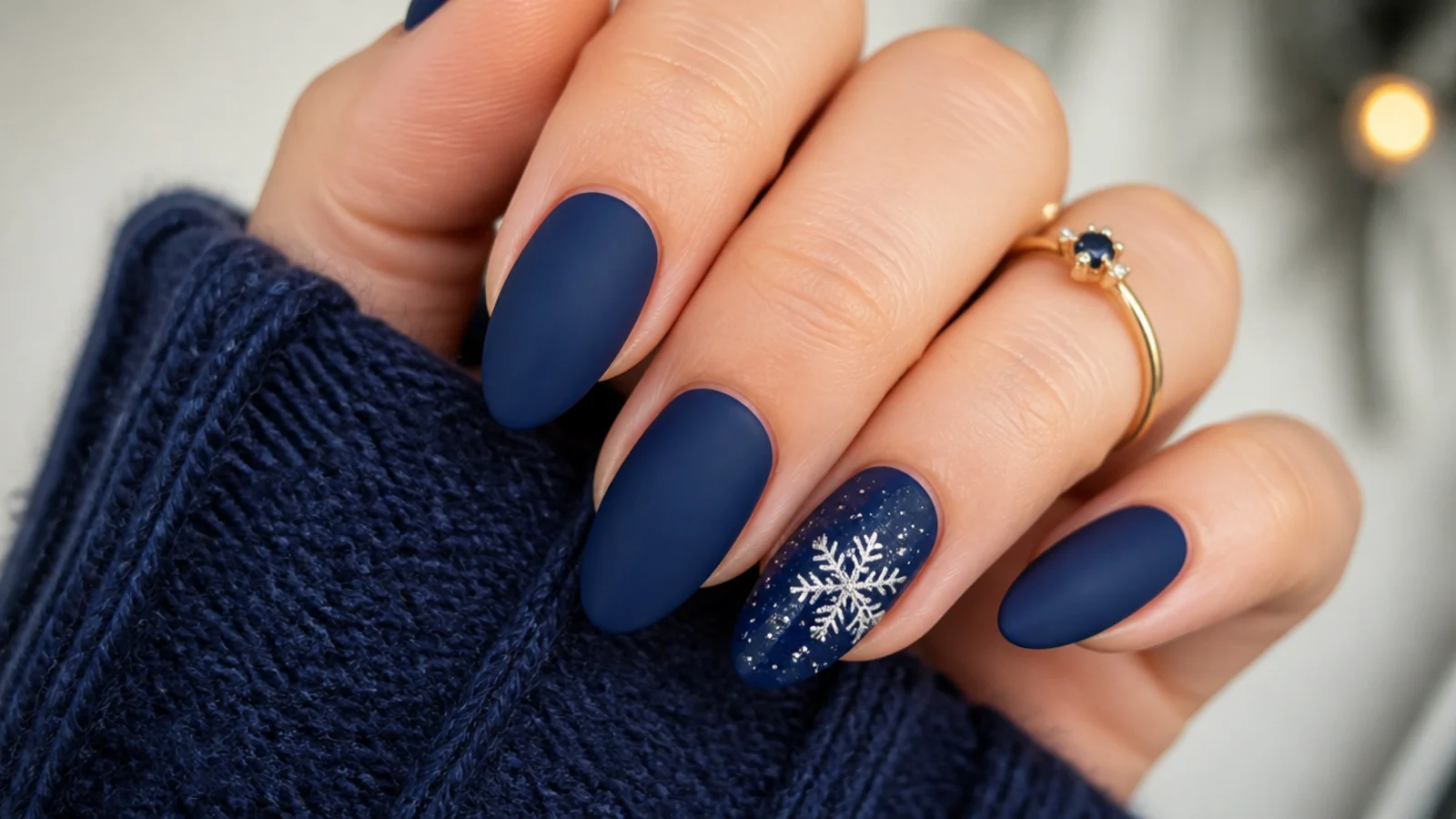 Matte navy nails with a glossy glitter snowflake accent