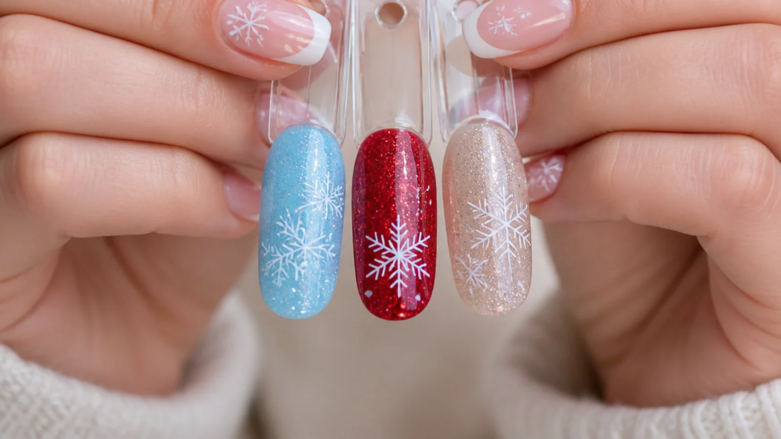 Icy blue, red and nude glitter snowflake nail swatches side by side