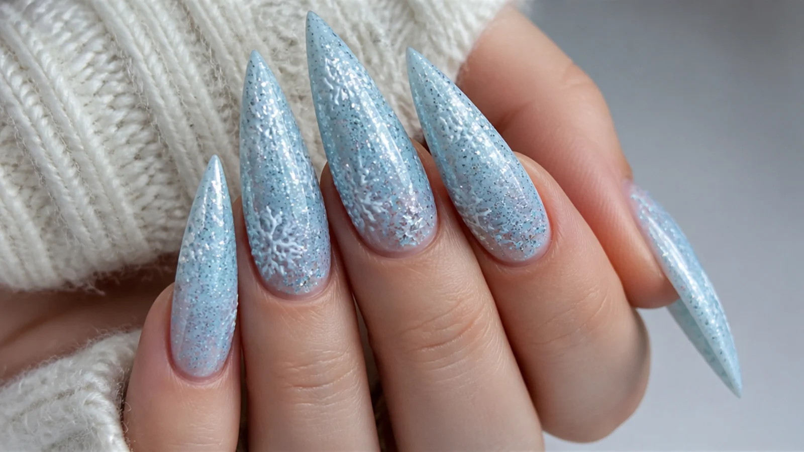 Icy blue glitter snowflake nails with silver flakes and fine sparkle