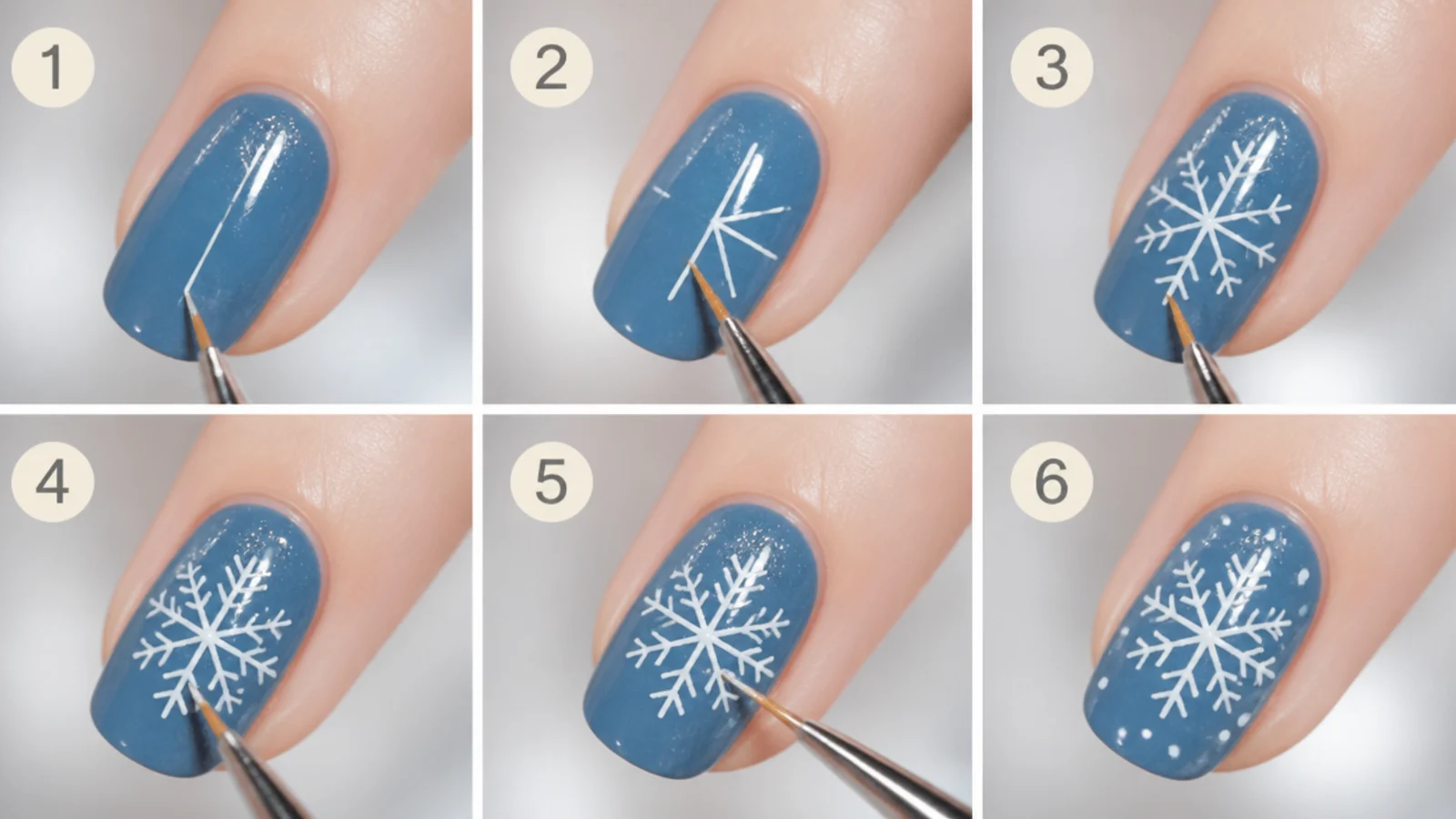 A fine brush drawing a white glitter snowflake step by step on a blue nail