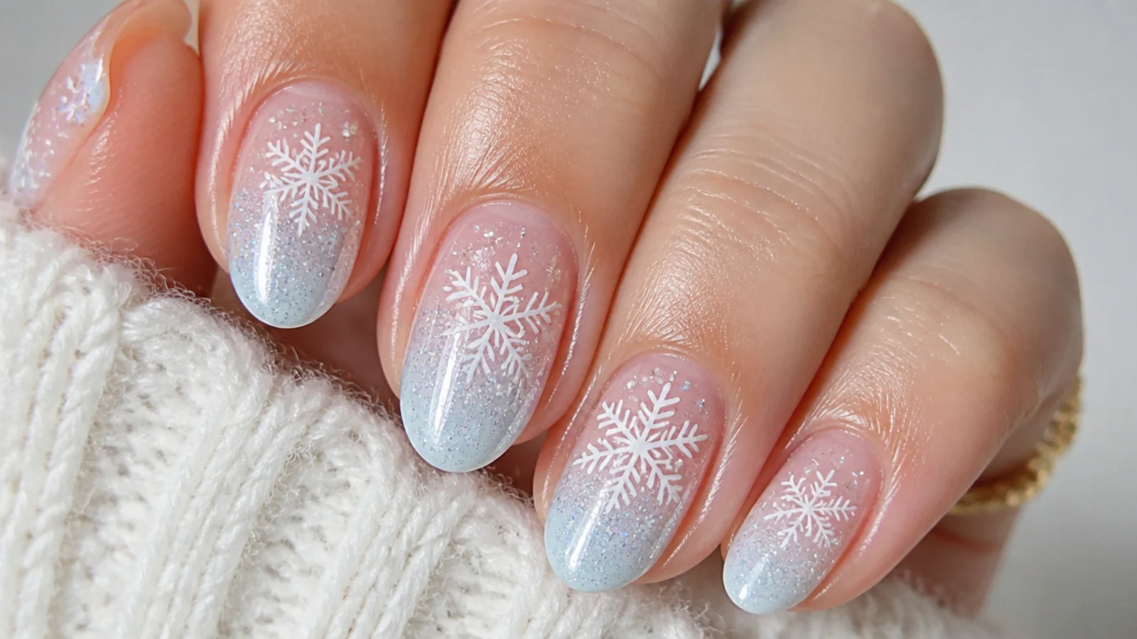 A sealed glitter snowflake manicure with cuticle oil for longevity