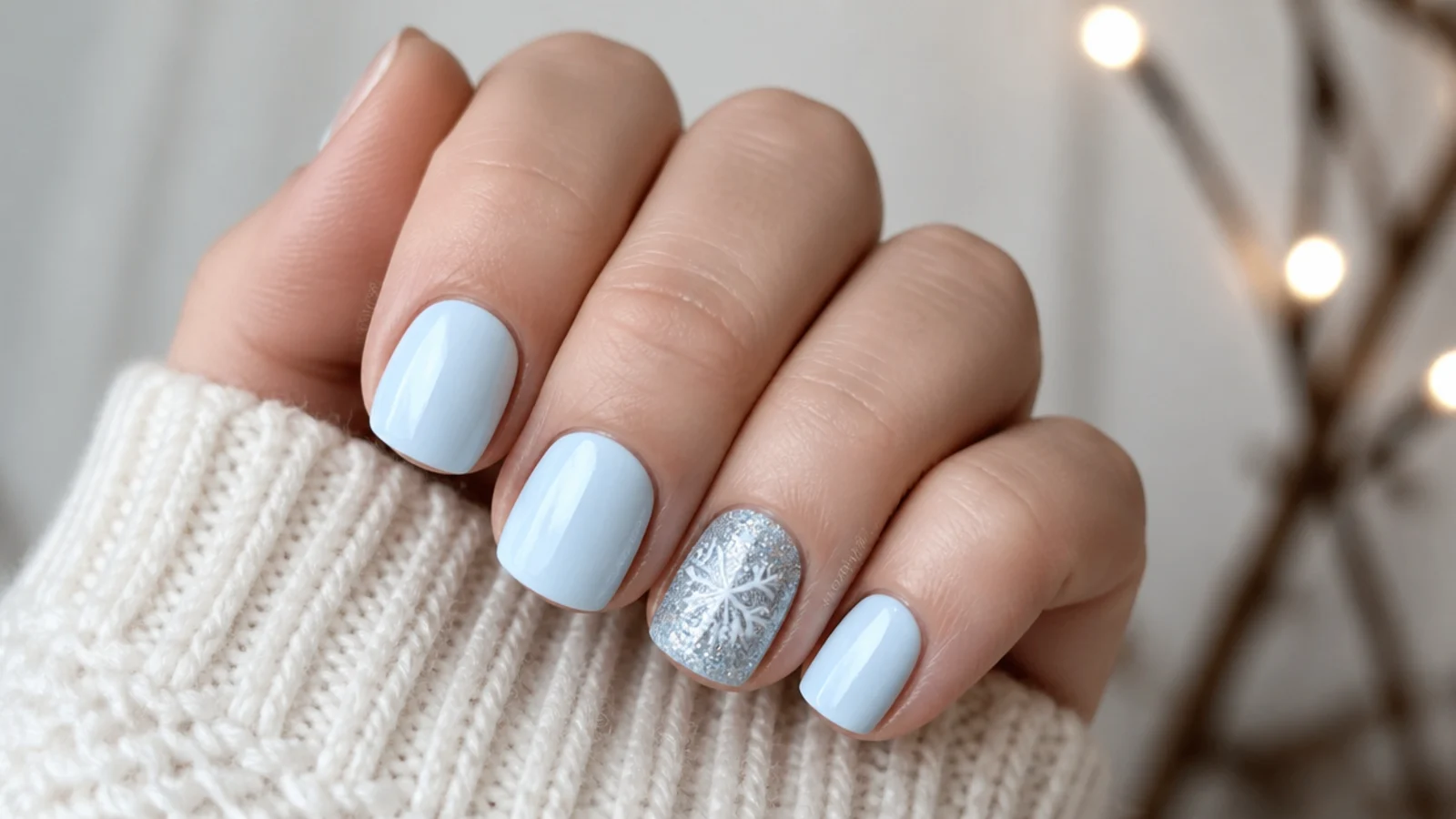 Short icy blue nails with one glitter snowflake accent nail