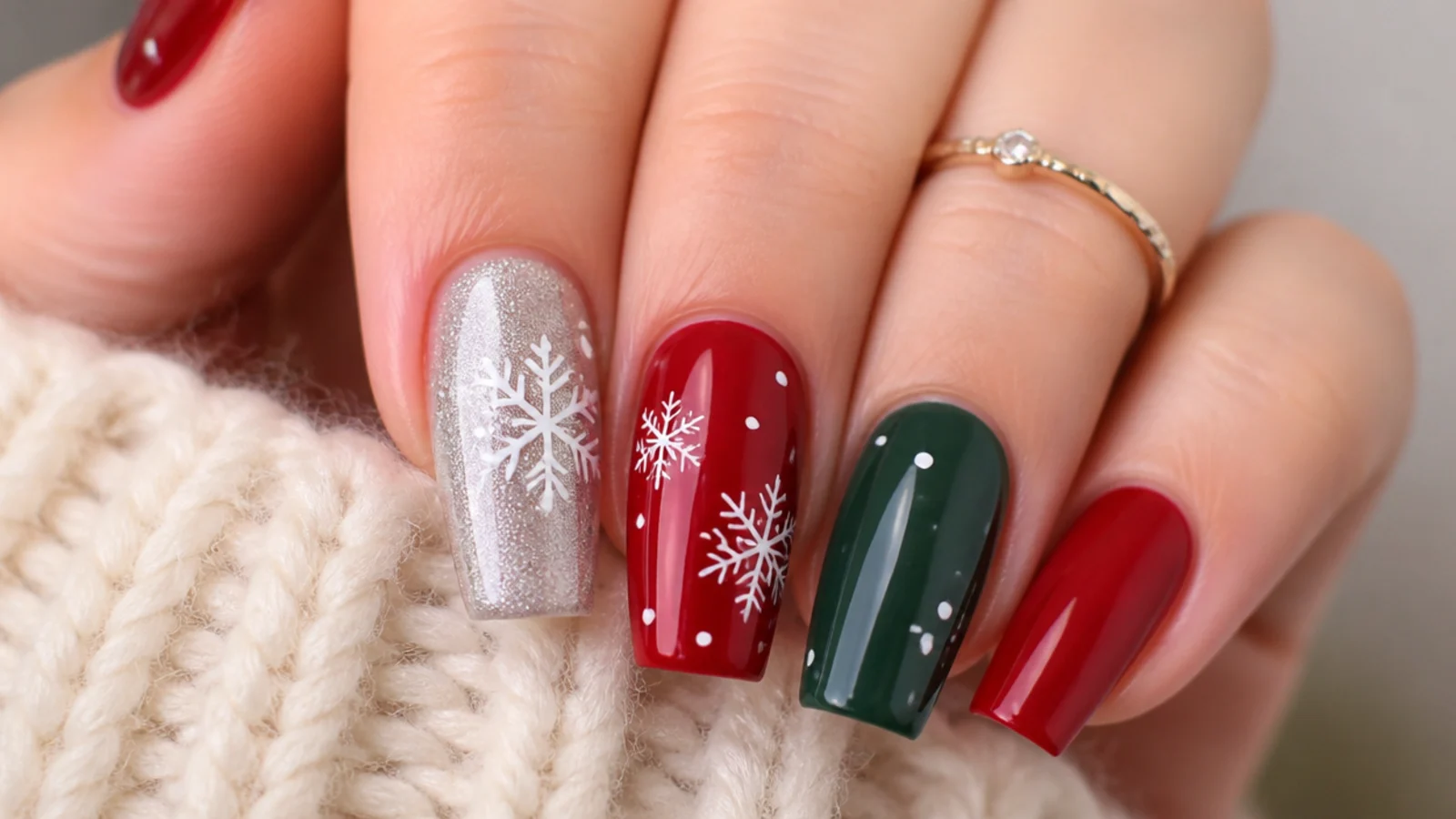 A silver snowflake nail beside a red and green Christmas nail