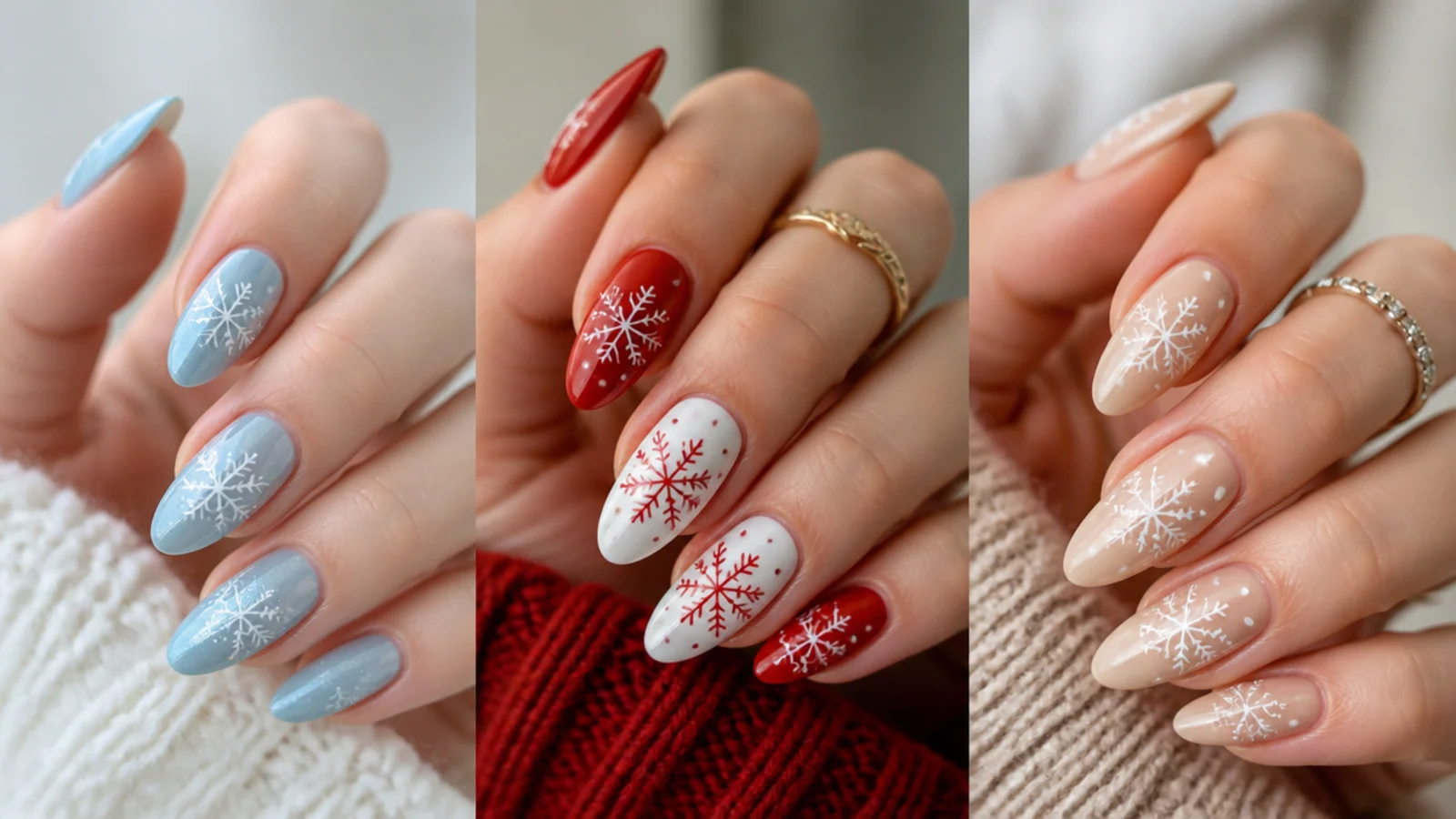 Three snowflake nail combinations - icy blue, red and white, and nude