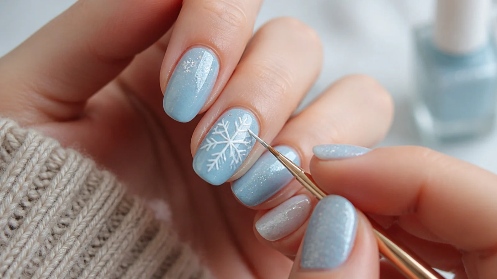 A white snowflake being painted over an icy blue nail at home
