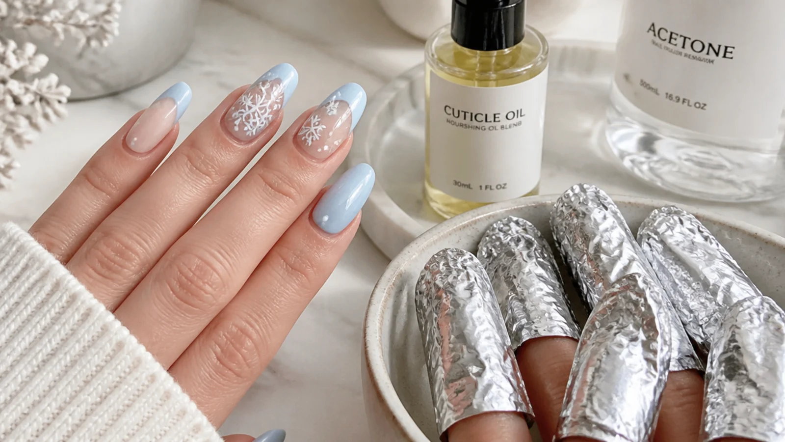 Cuticle oil and acetone foils for maintaining and removing gel snowflake nails