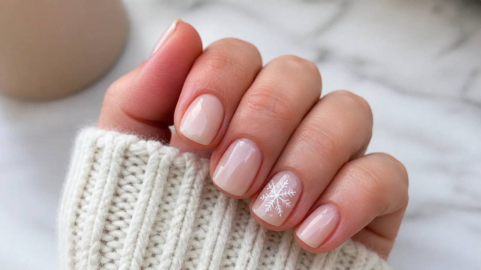 A short natural nail set with a single white snowflake accent nail