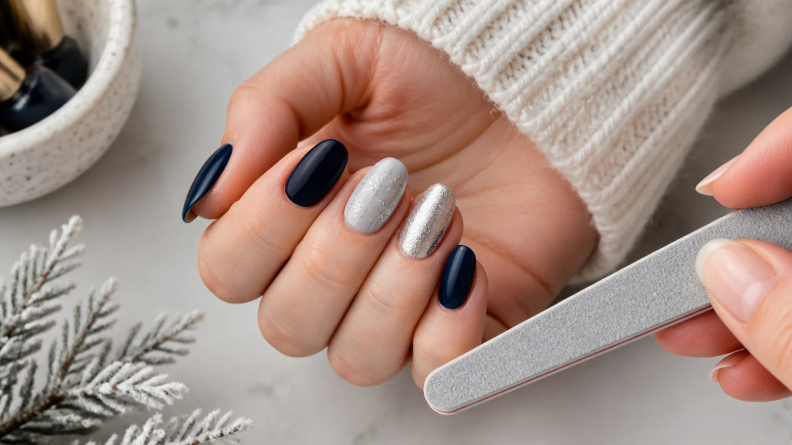 Nails being shaped and buffed in preparation for a winter manicure