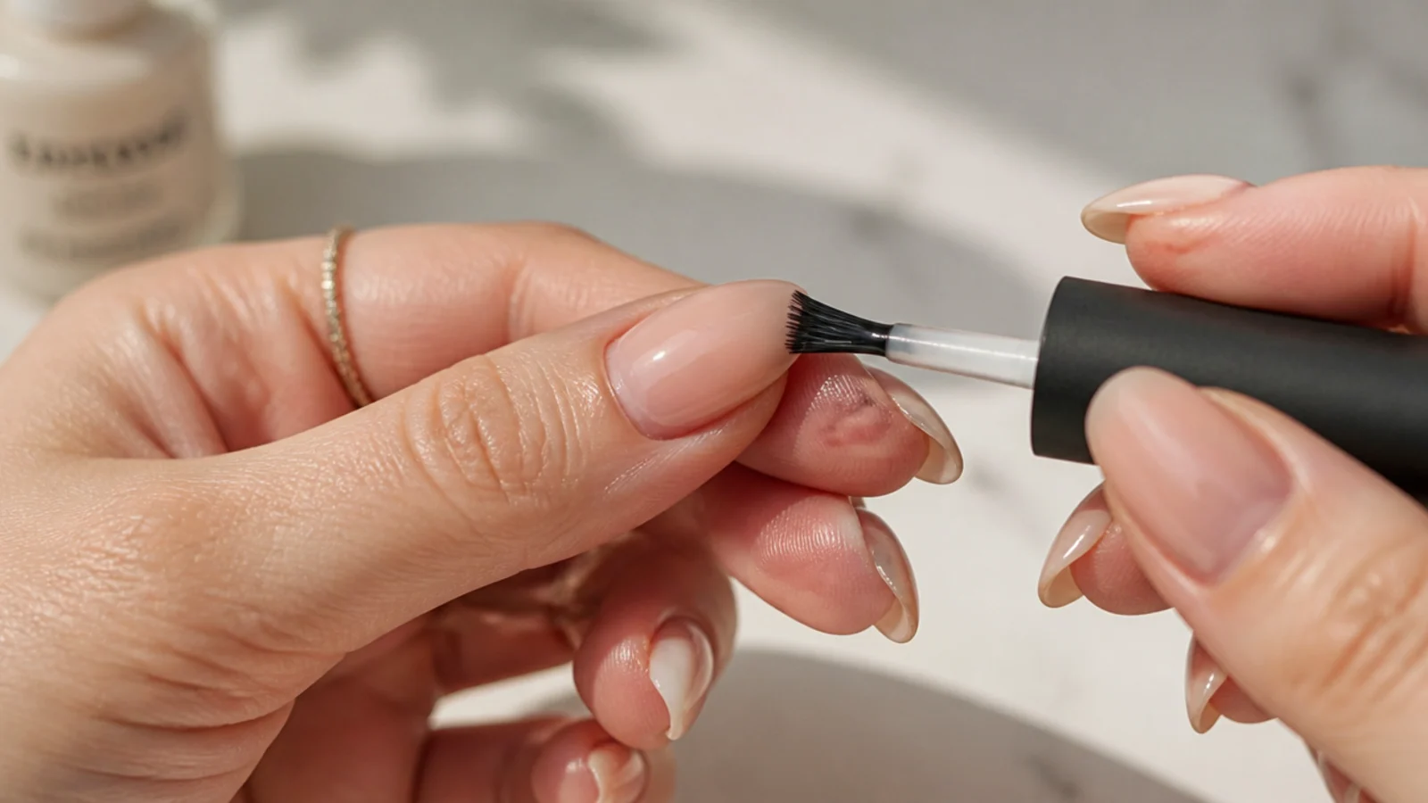 A thin gel base coat being applied to a prepped nail