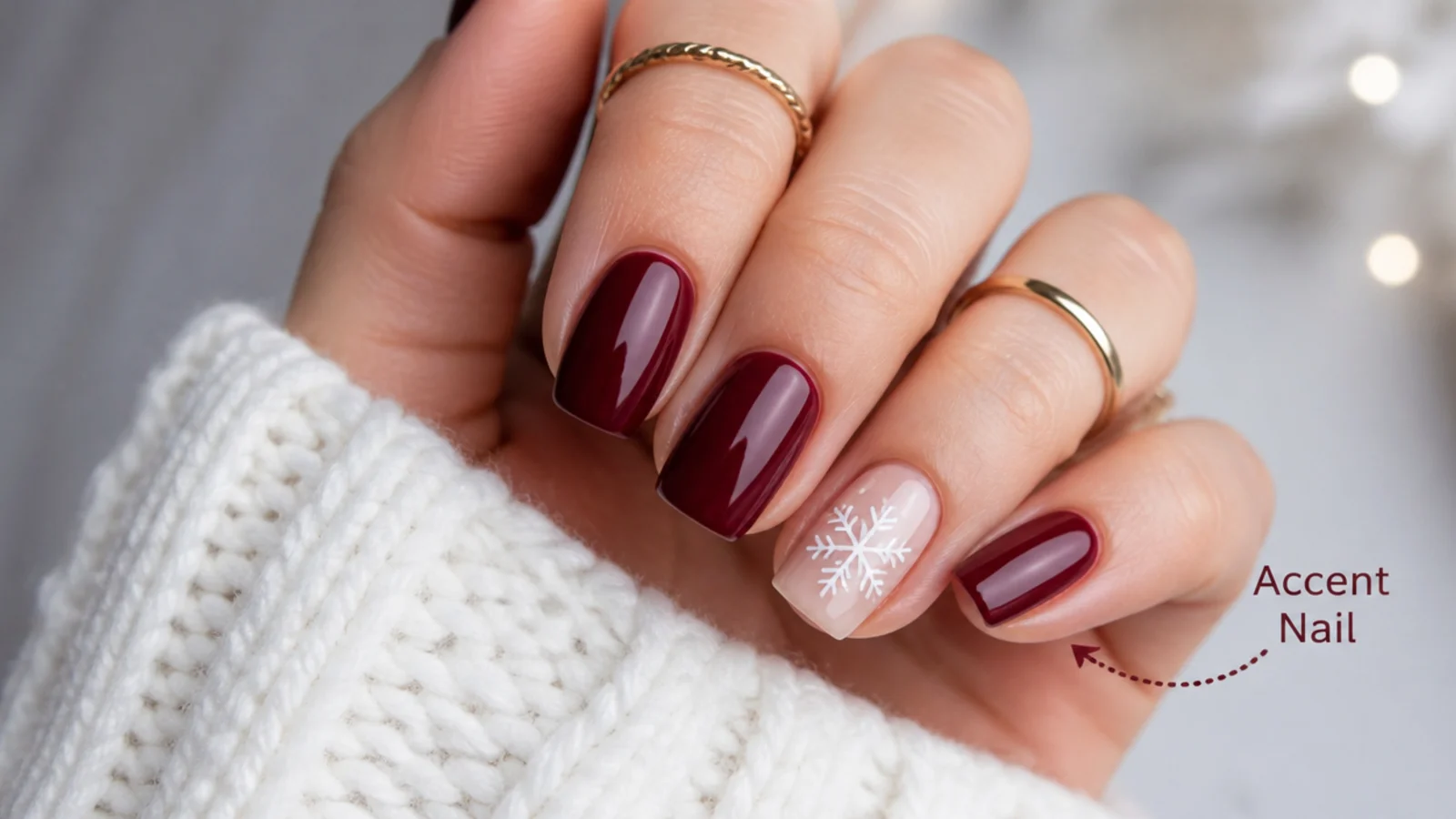 A hand with one accent nail marked for a single snowflake design