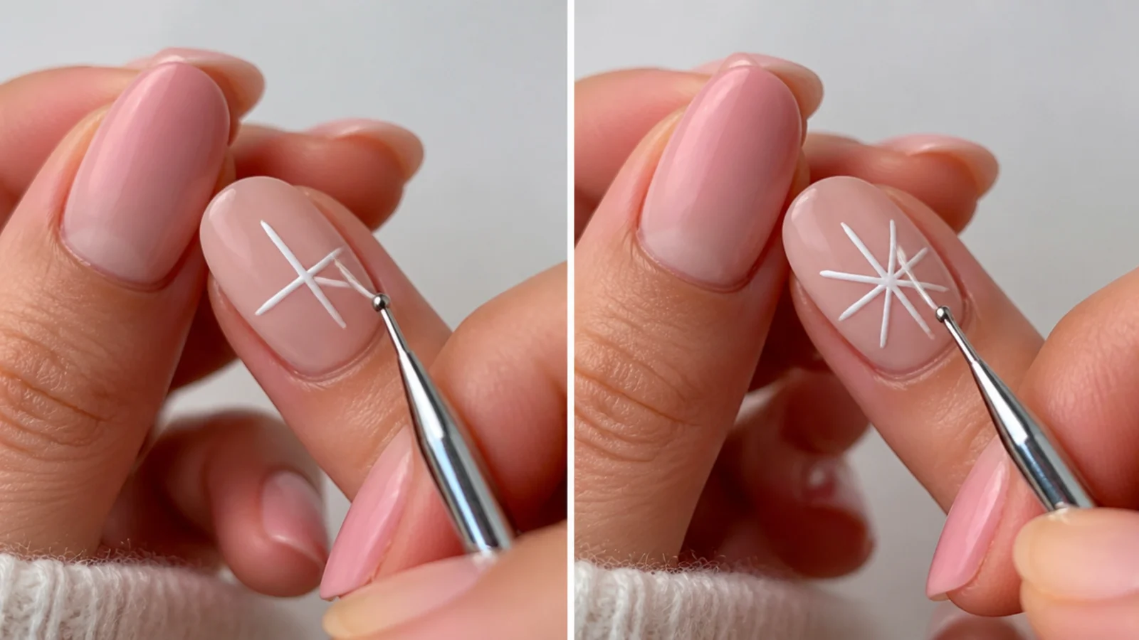 Two diagonal lines being added across a white cross to form six arms