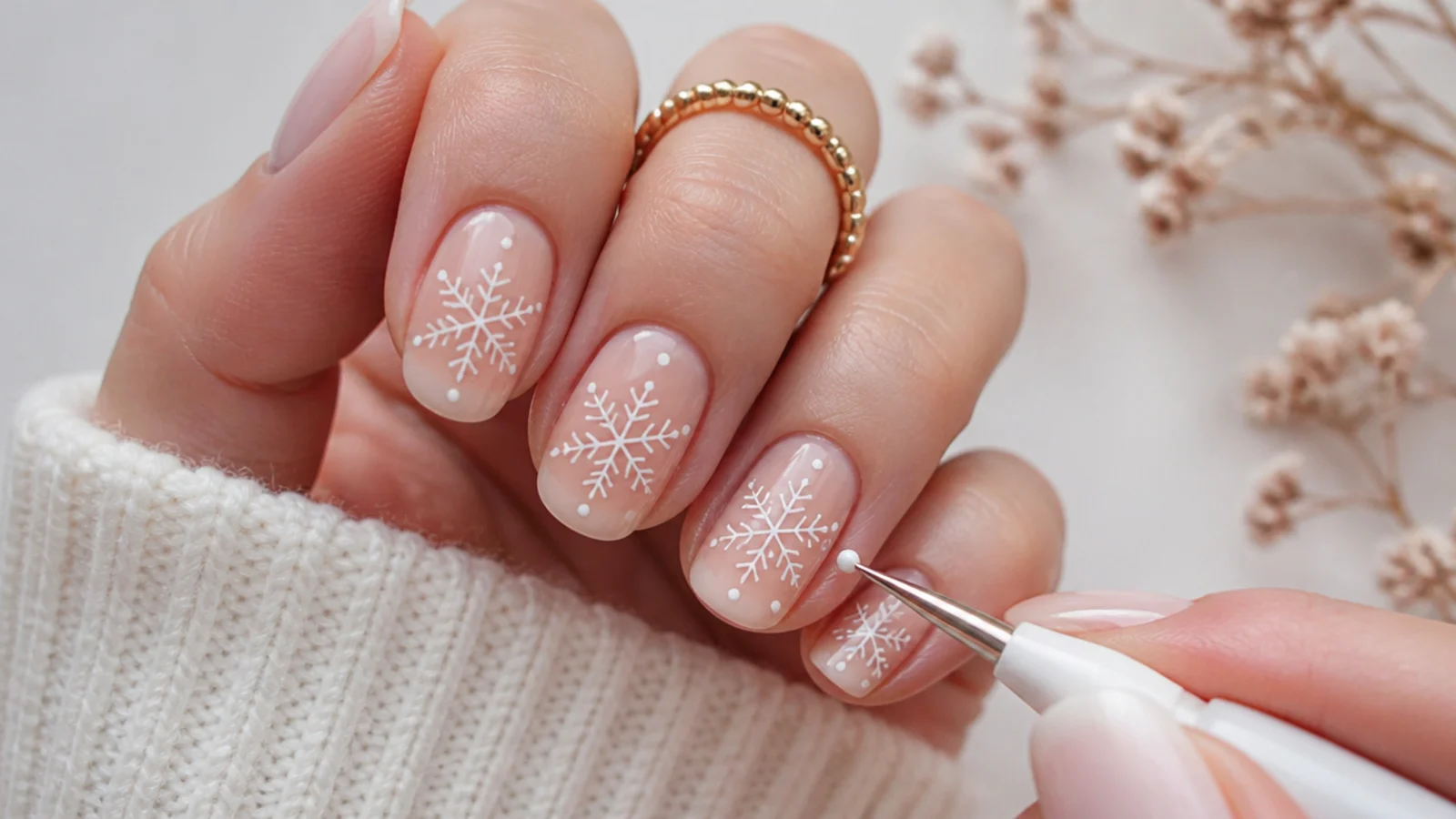 Small white dots being added to the tip of each snowflake arm
