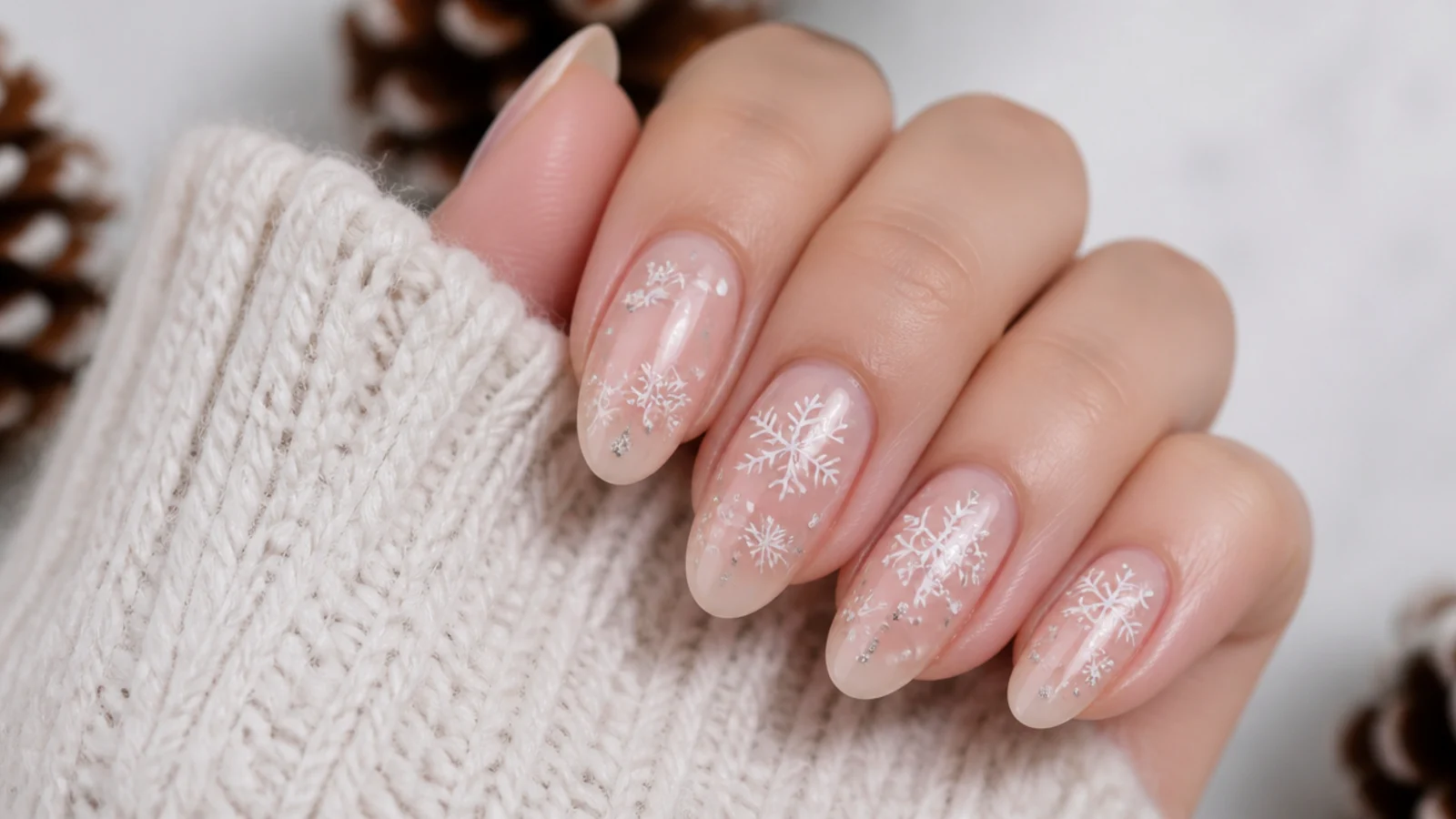 Fine silver glitter and small dots scattered around finished snowflakes
