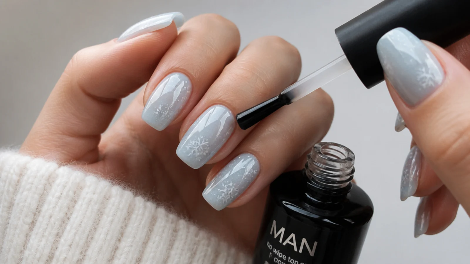 A glossy no-wipe top coat sealing finished snowflake nails