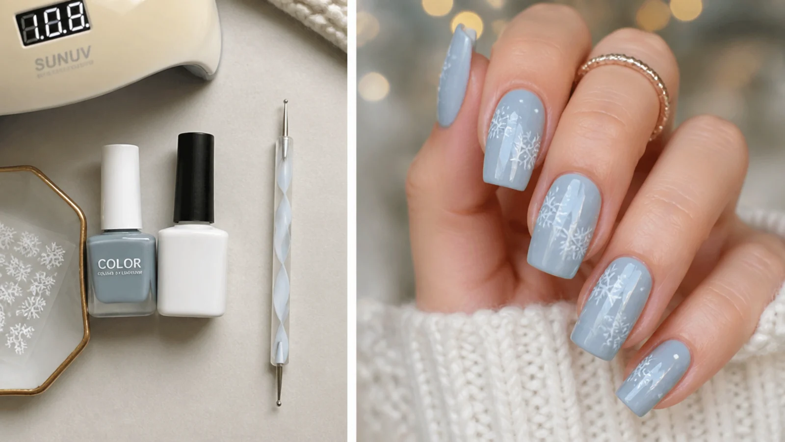 Snowflake nail supplies laid out - base color, white polish, dotting tool and lamp