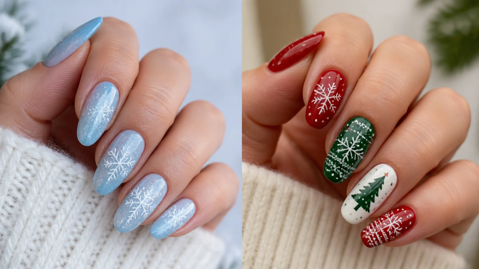 Icy blue snowflake nails next to red and green Christmas nails for comparison