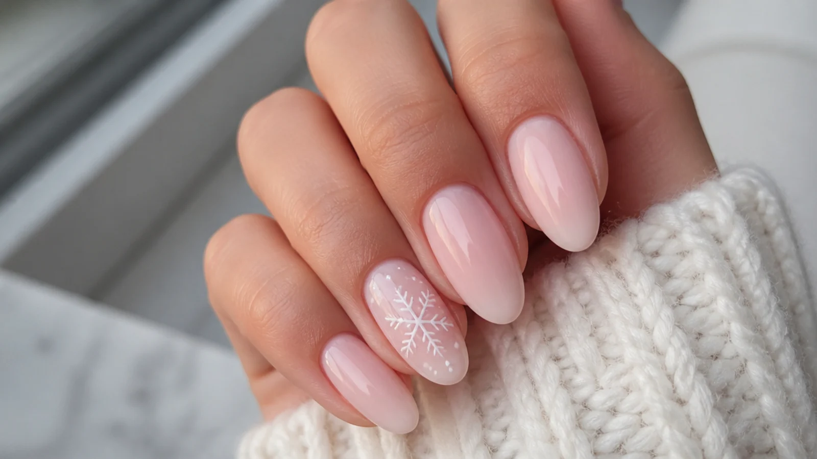 Milky pink nails with one white snowflake accent nail
