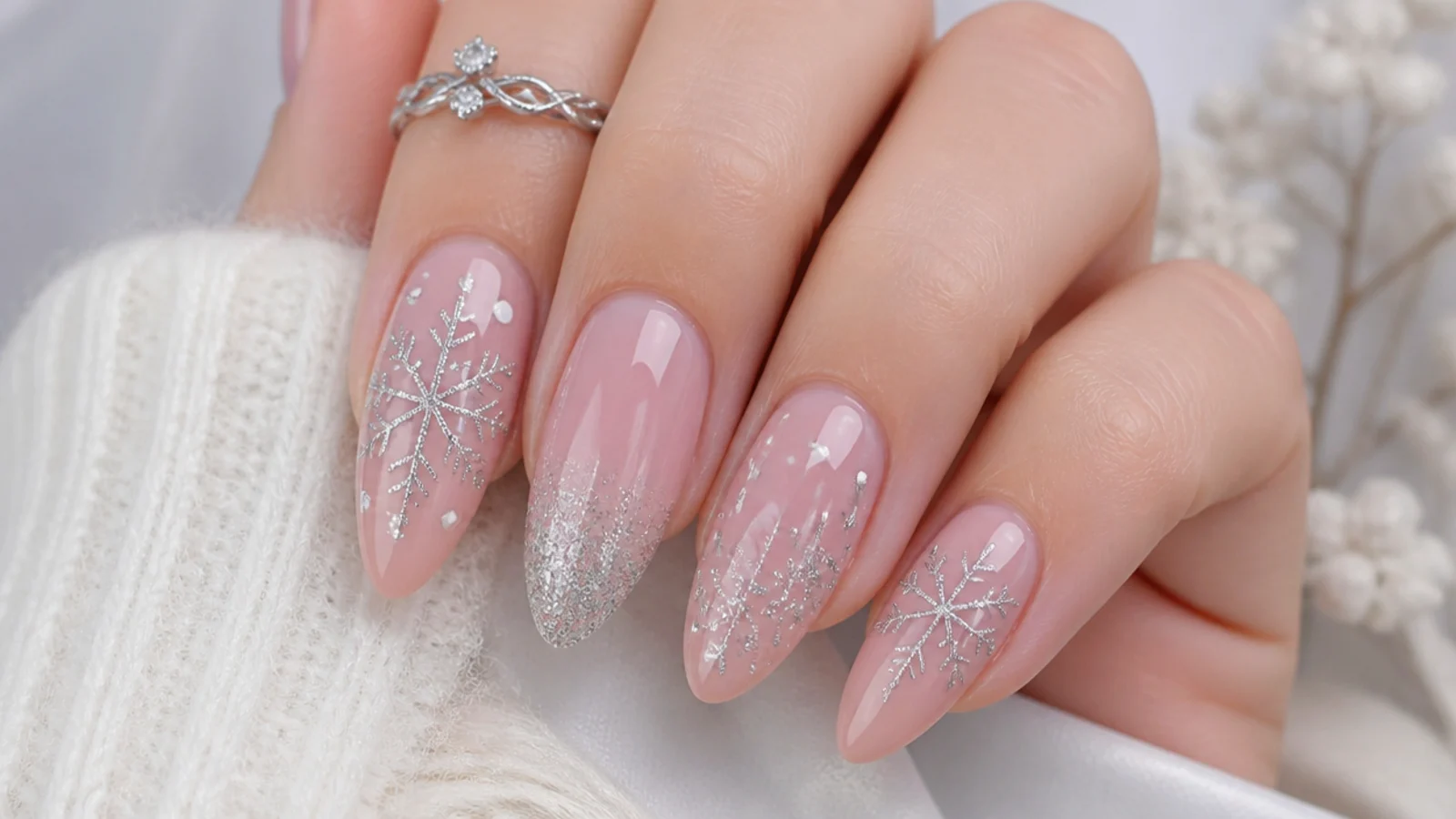 Rose pink nails with silver glitter snowflakes and cool sparkle