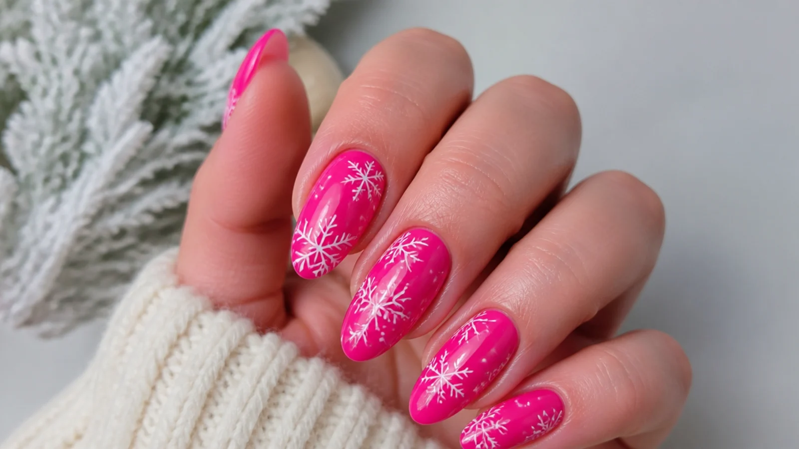 Bright hot pink nails with bold white snowflakes