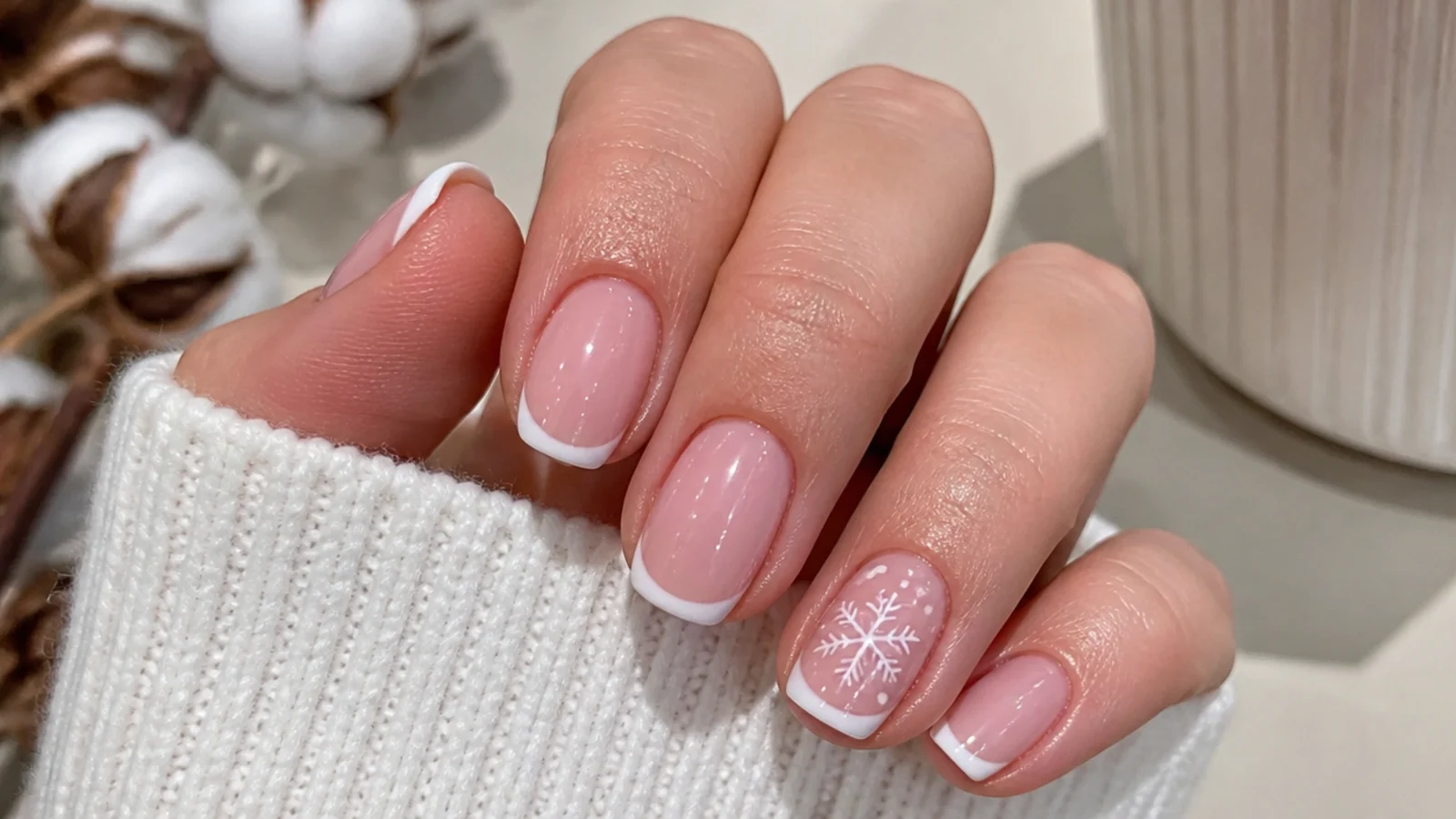 Sheer baby pink nails with white French tips and a snowflake accent