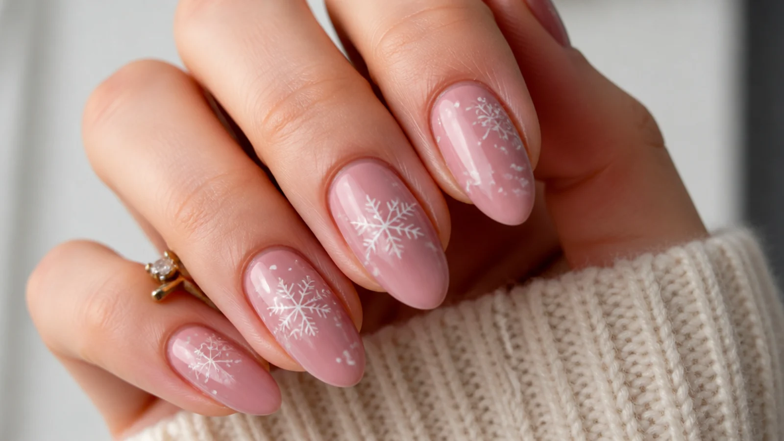 Muted dusty pink nails with soft white snowflakes