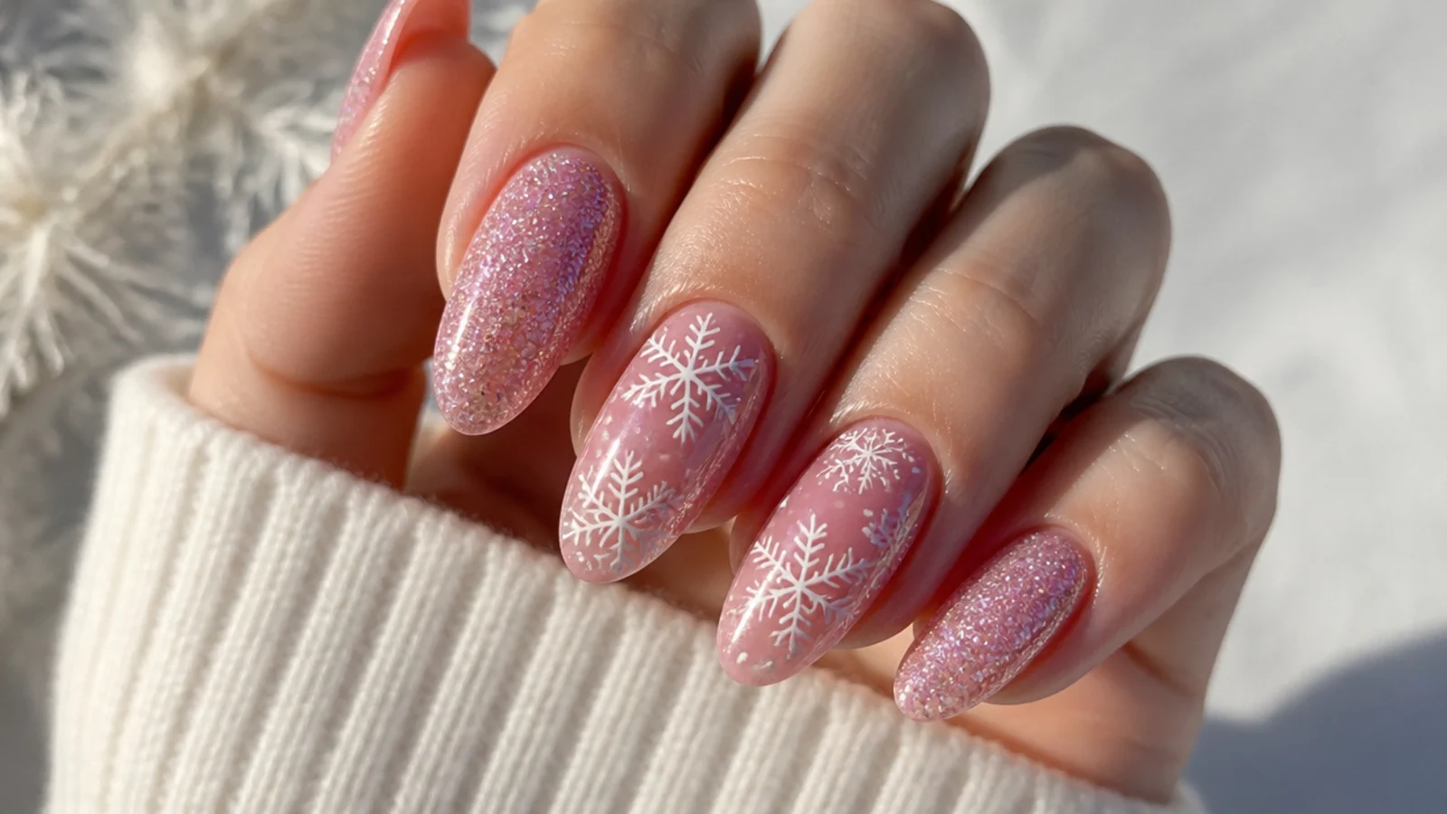 Sparkly pink glitter nails with white snowflakes on accent nails