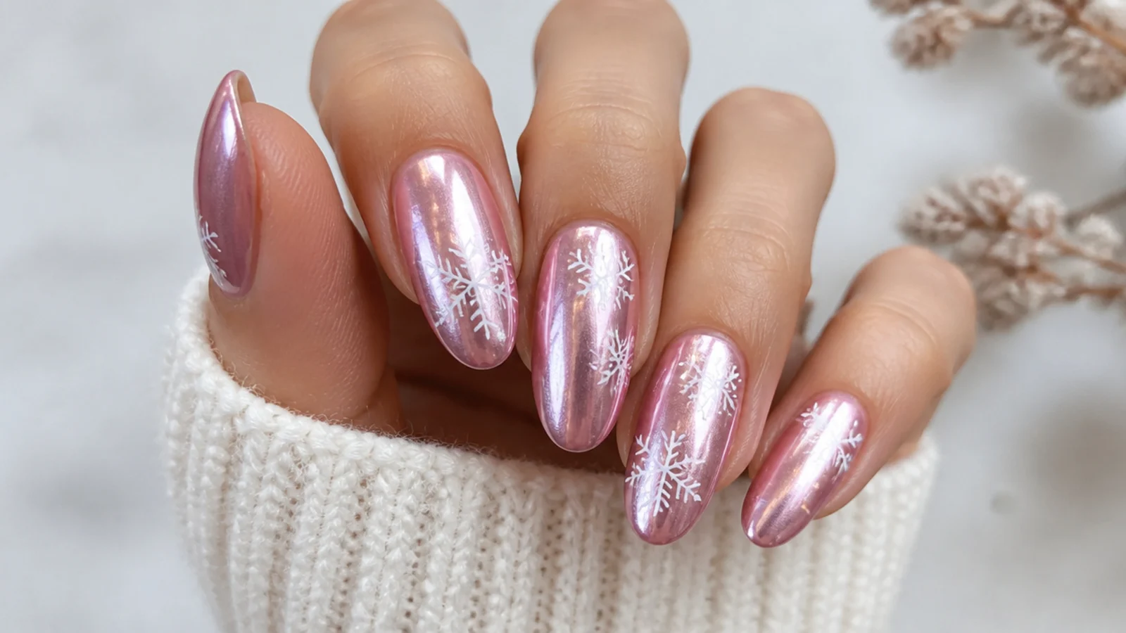 Pearly pink chrome nails with delicate white snowflakes