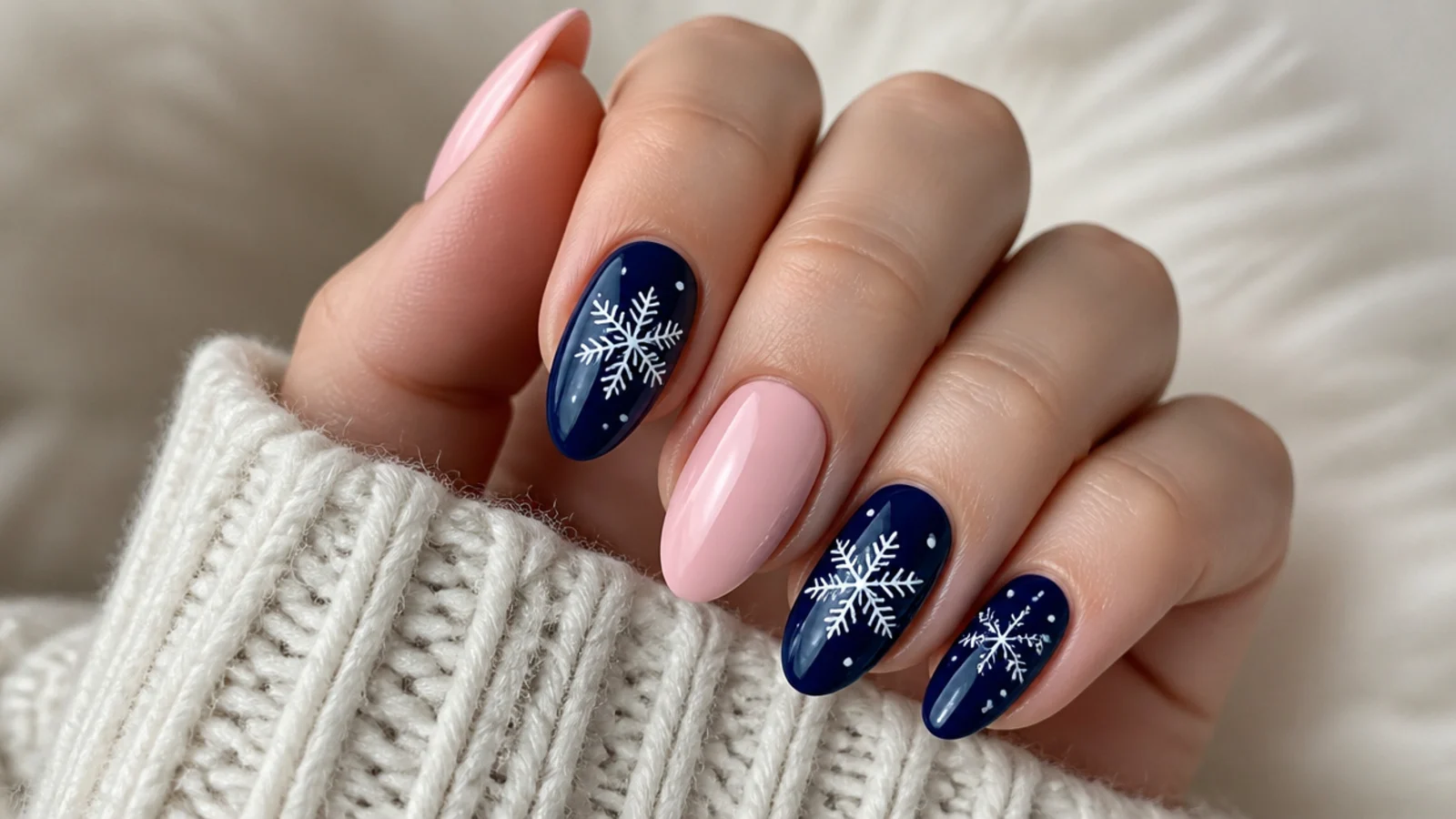 Pink and navy blue nails alternating with white snowflakes
