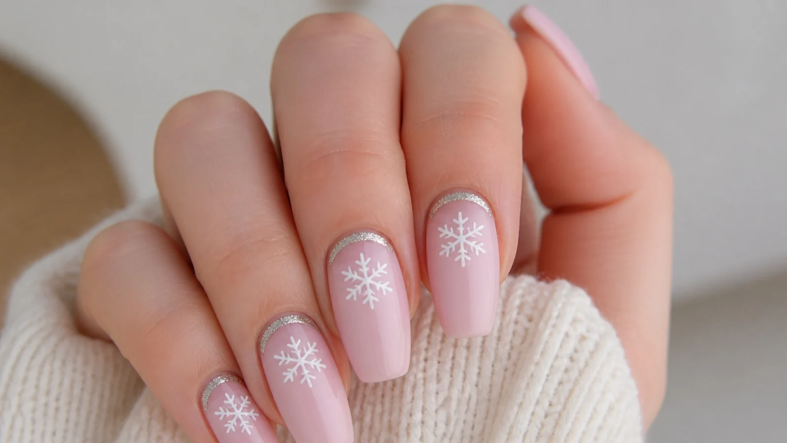 Blush pink nails with a white snowflake and silver cuff at the base