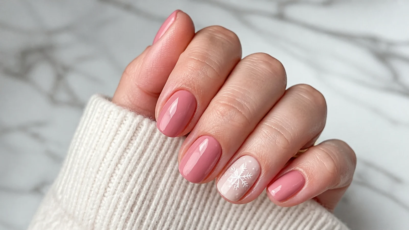 Short rounded pink nails with one white snowflake accent nail
