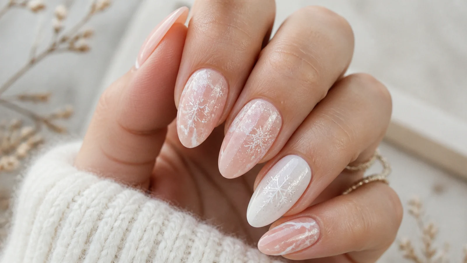 Soft pink and white marble nails with a white snowflake on top
