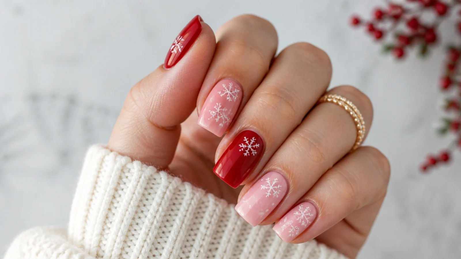 Pink and red nails with white snowflakes for a festive Christmas look