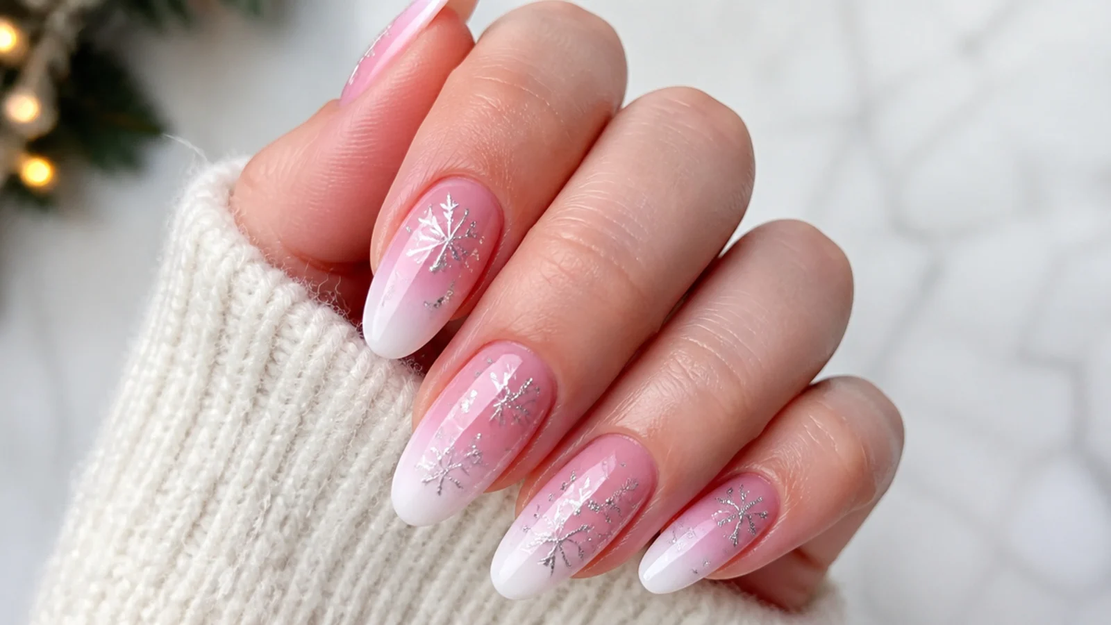 Pink to white ombre nails with delicate silver snowflakes